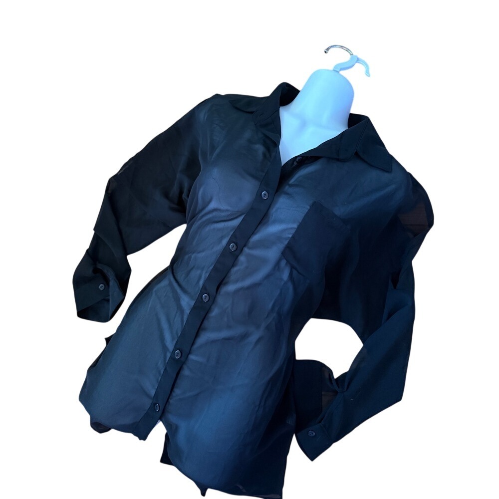 Unbranded Sheer Black Button Down Shirt High Low Hem‎ Long Sleeve